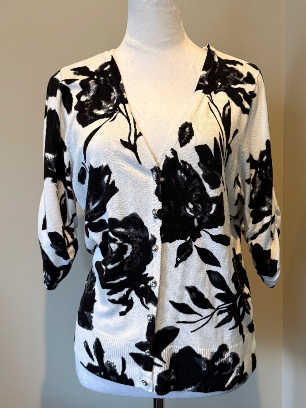 INC International Concepts Black White Floral Sequin Cardigan Sweater L
